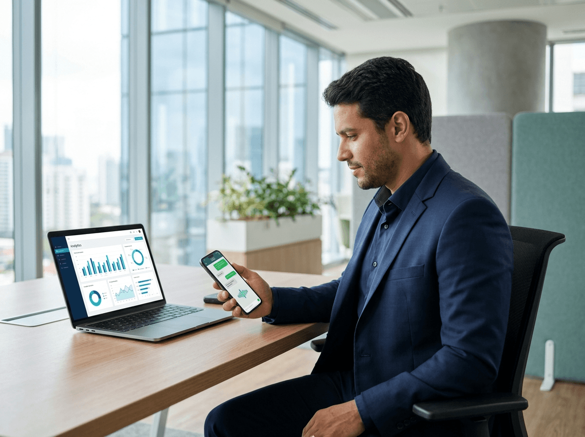 Atendente virtual de IA conversando com um cliente pelo WhatsApp, com mensagem de voz e resposta instantânea na tela do celular
