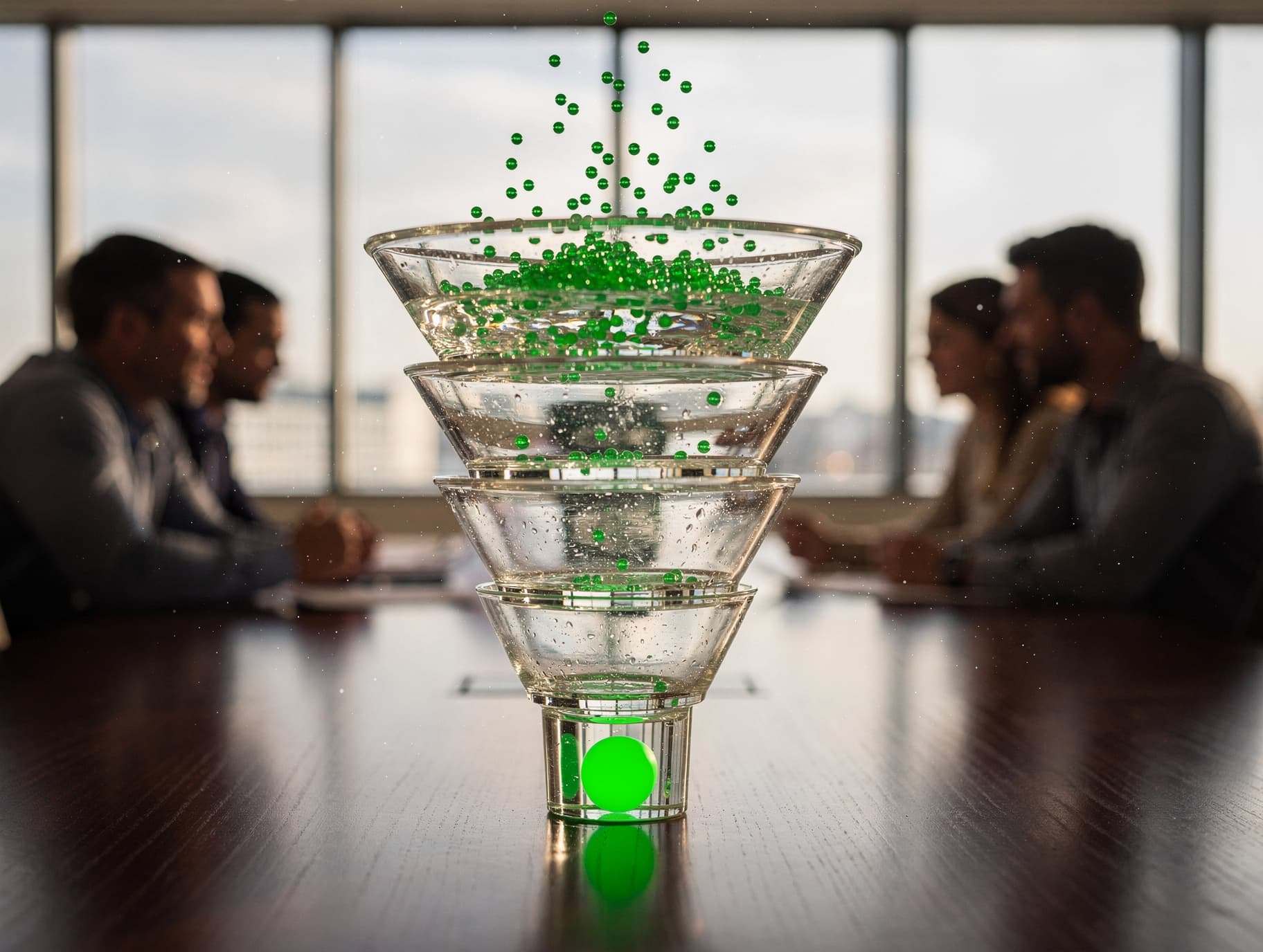 A translucent glass funnel on a conference table, with green points of light descending through its layers to the base and a sales team blurred in the background.