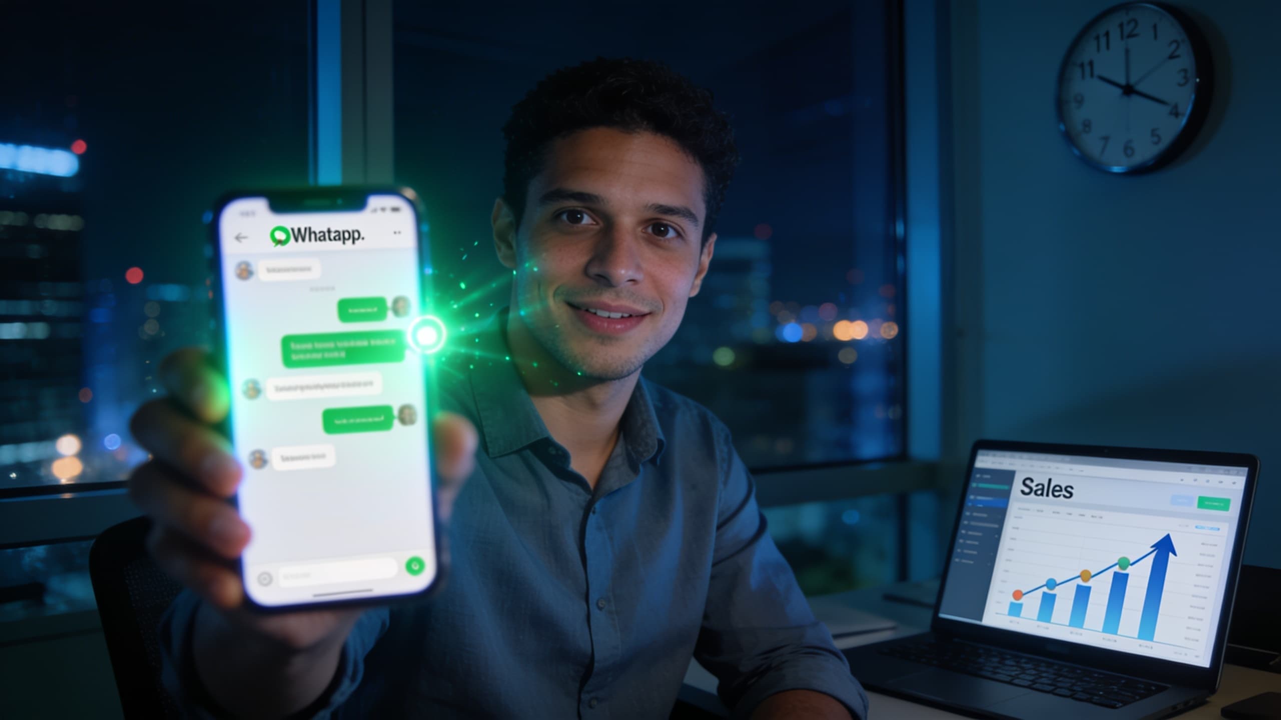 Vendedor em escritório comercial à noite observando no celular uma conversa de WhatsApp sendo respondida automaticamente por inteligência artificial, com painel de leads e vendas ao fundo