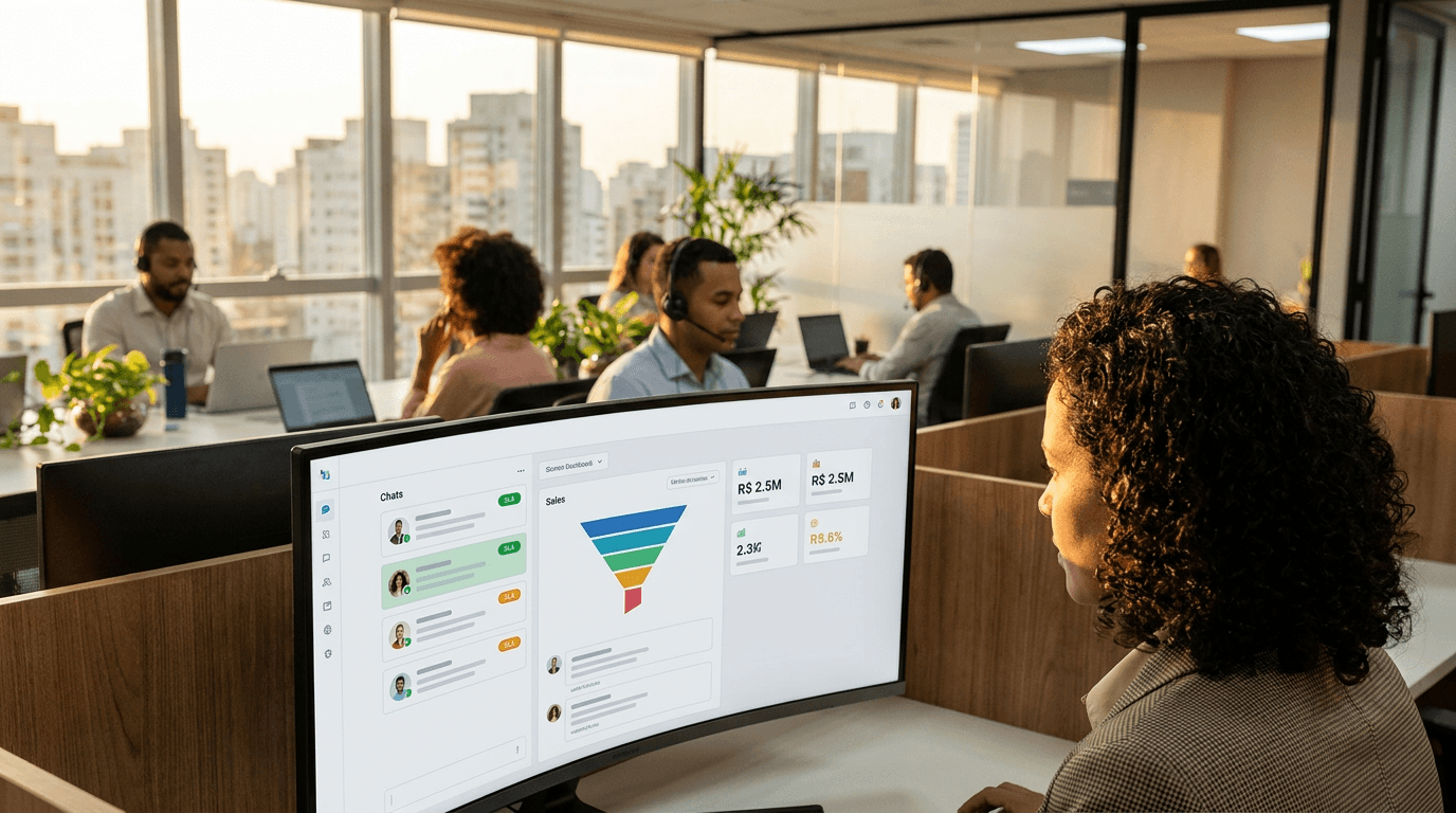 Gerente comercial en una oficina analiza en un monitor el panel con conversaciones de WhatsApp, SLA y embudo de ventas, mientras el equipo atiende clientes al fondo.