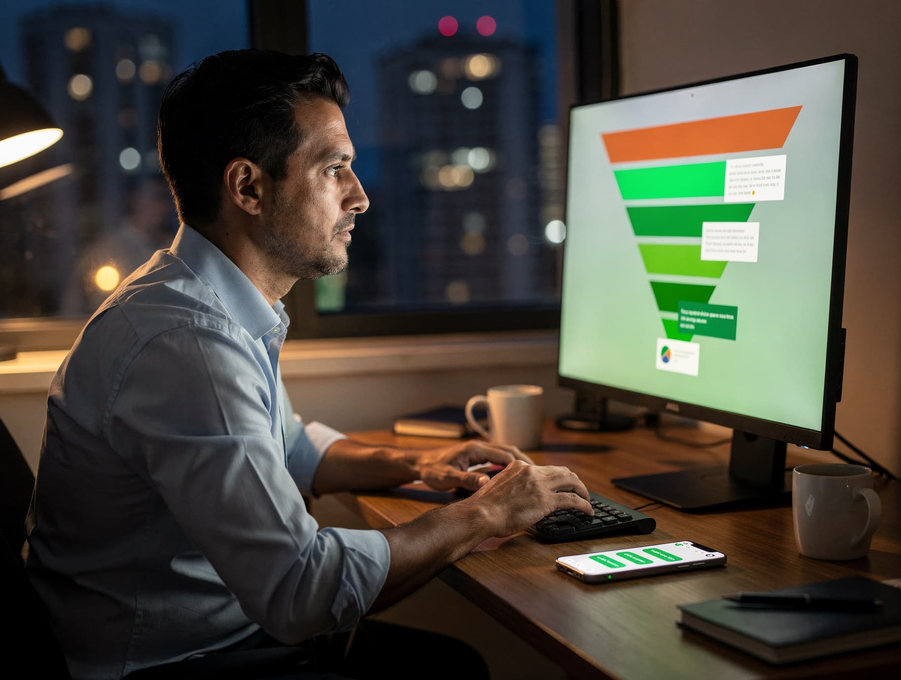 Gerente comercial observa en un monitor, en una oficina de noche, un panel con las etapas del embudo de ventas actualizándose mientras llegan conversaciones de WhatsApp al celular a su lado.