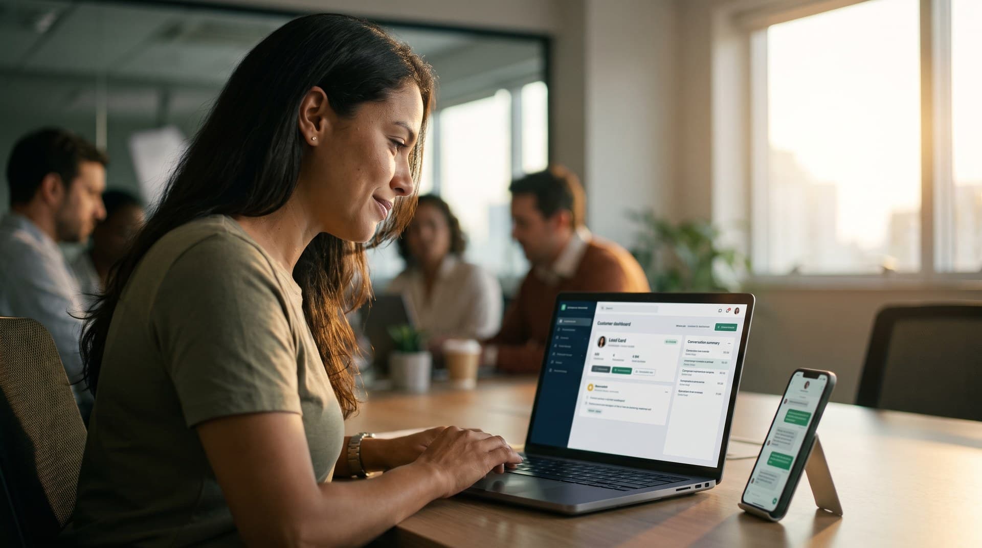 Una vendedora en una oficina revisa en su laptop el resumen de una conversación de WhatsApp ya calificada por la IA, lista para asumir la atención.
