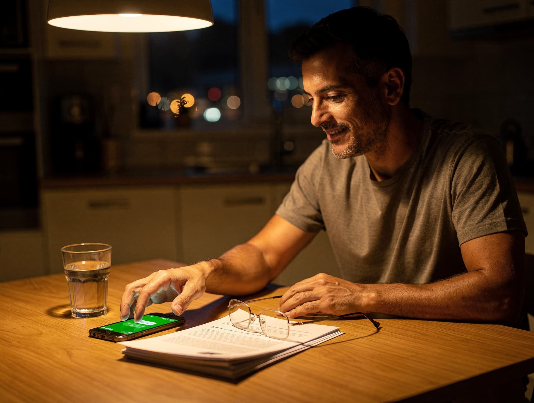 Homem em casa à noite, na mesa da cozinha ao lado de uma proposta comercial impressa, pegando o celular que acaba de acender com uma nova mensagem no WhatsApp.