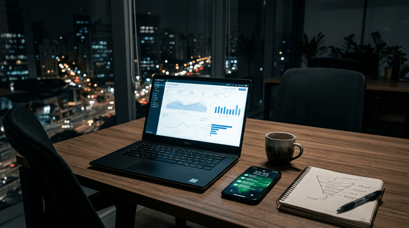 Escritório à noite com monitor exibindo o painel de uma campanha de anúncios e, ao lado, um smartphone recebendo mensagens de novos leads no WhatsApp.
