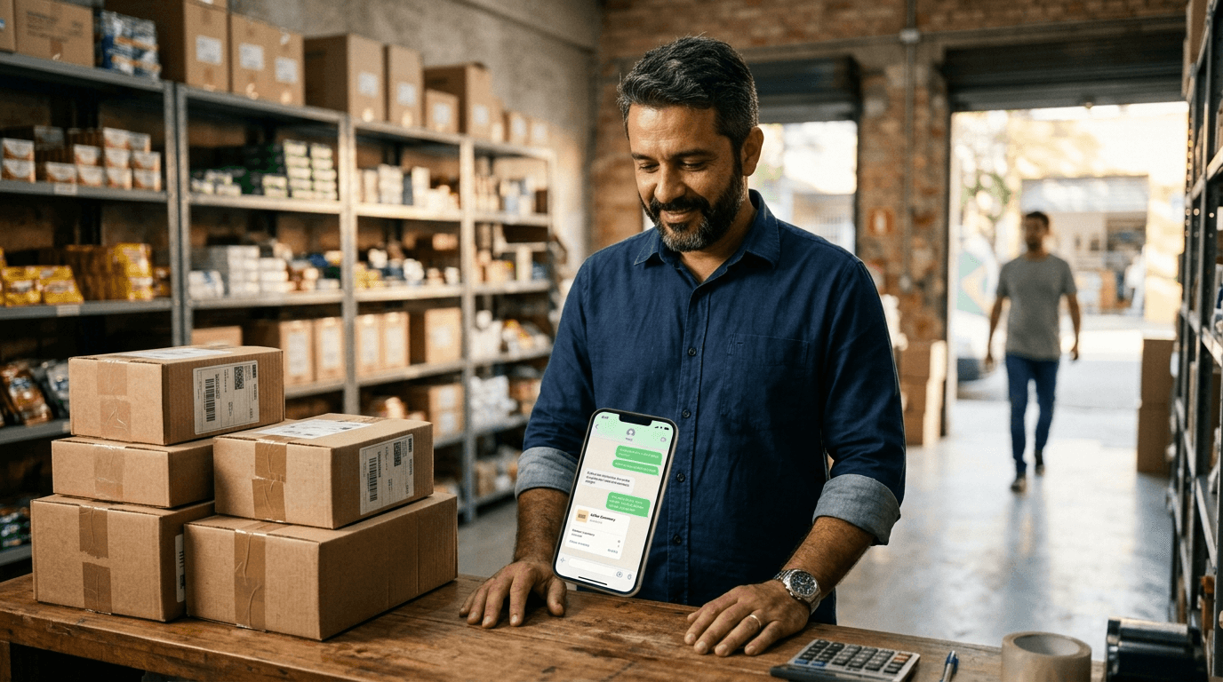 Empresário no balcão de uma distribuidora consulta no celular o histórico de compras de um cliente antigo enquanto uma nova oferta é enviada pelo WhatsApp, com prateleiras de produtos ao fundo.