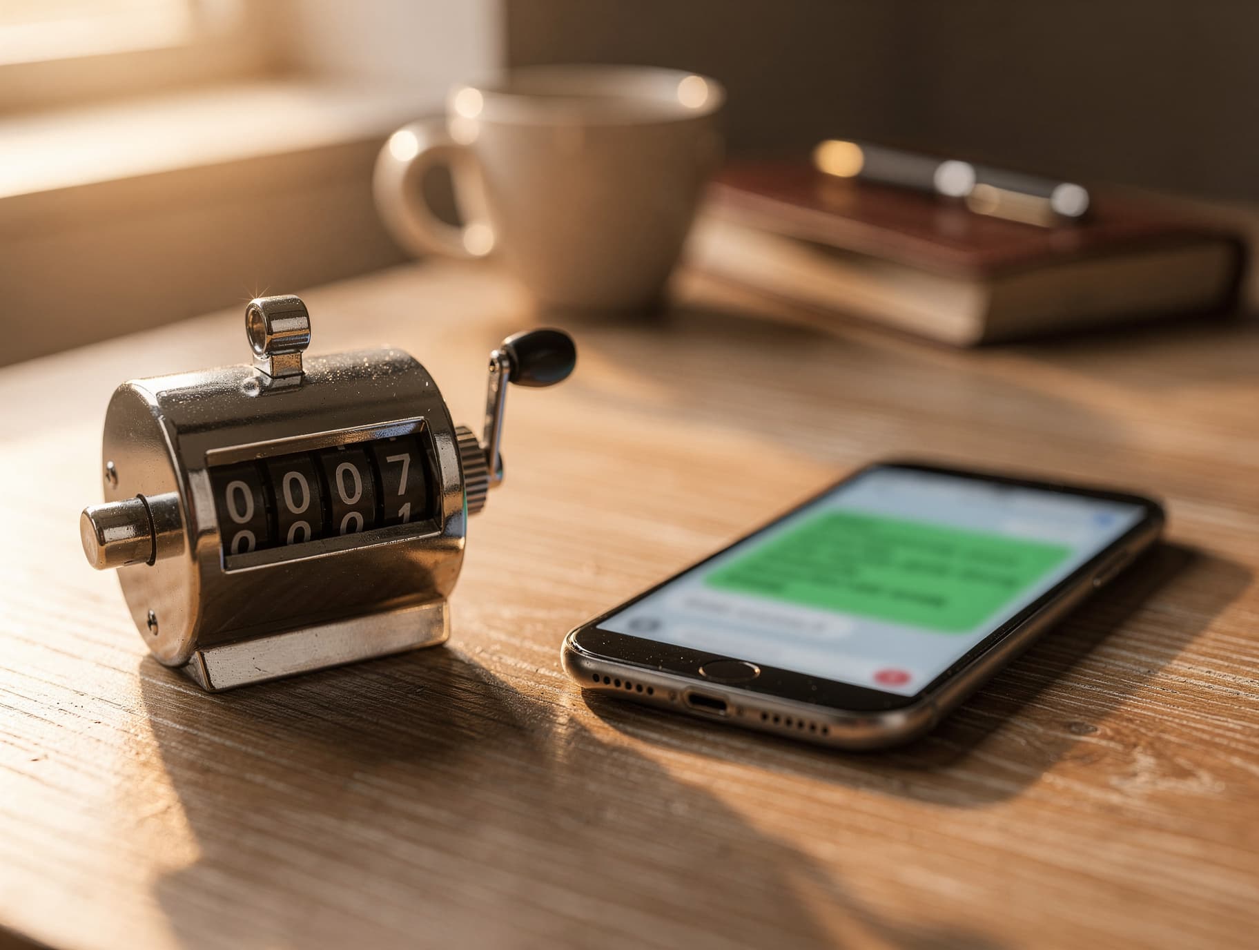 Contador manual de metal que marca el número siete junto a un smartphone que se ilumina con un mensaje nuevo, sobre la mesa de un vendedor al final de la tarde.
