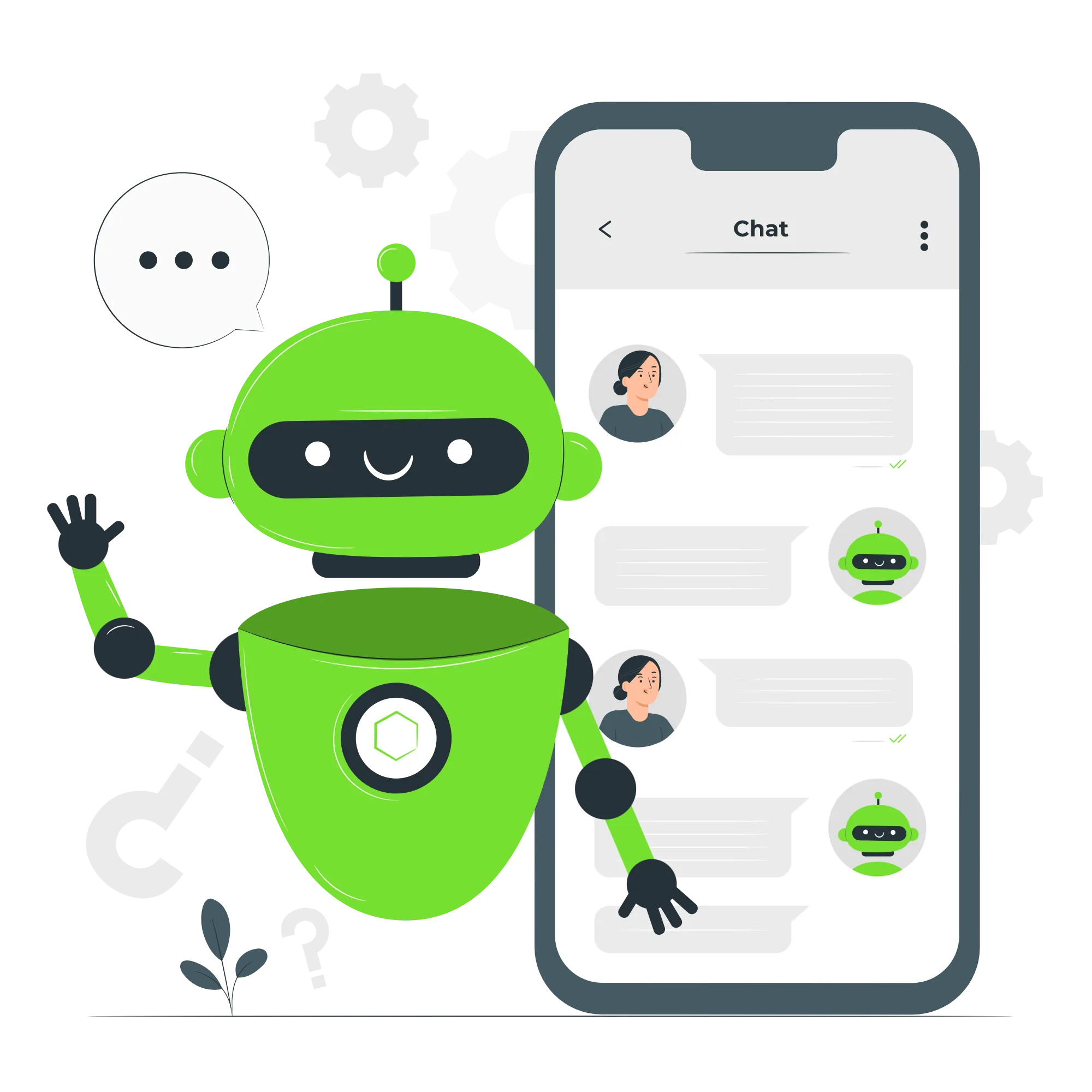 Robô verde acenando ao lado de um celular com uma conversa de chat